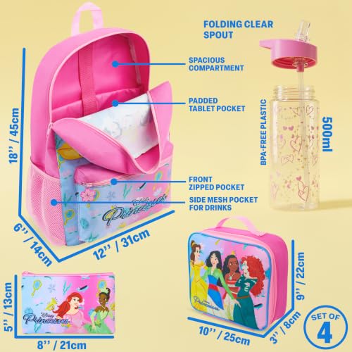 Get Trend Disney Princess Kids Backpack 4 Piece Set | 18 inch Bookbag, Insulated Lunch Bag, Zipped Pencil Case & BPA-Free Water Bottle for School & Travel, Gifts for Girls - color: Pink Princess
