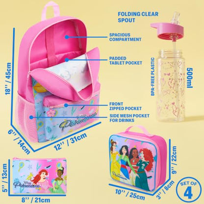 Get Trend Disney Princess Kids Backpack 4 Piece Set | 18 inch Bookbag, Insulated Lunch Bag, Zipped Pencil Case & BPA-Free Water Bottle for School & Travel, Gifts for Girls - color: Pink Princess