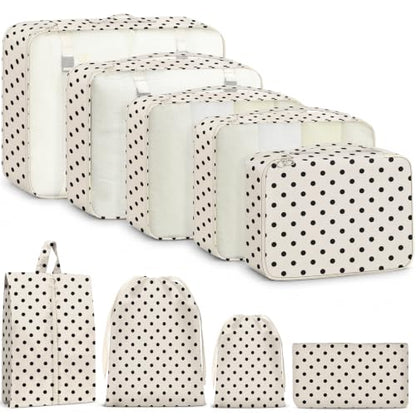 9 Set Packing Cubes for Travel Essentials - Lightweight Carry-On Luggage Organizer Bags with Shoe, Clothes & Laundry Bags for Airplane, Family & Business Travel, Polka dots - color: Polka dots