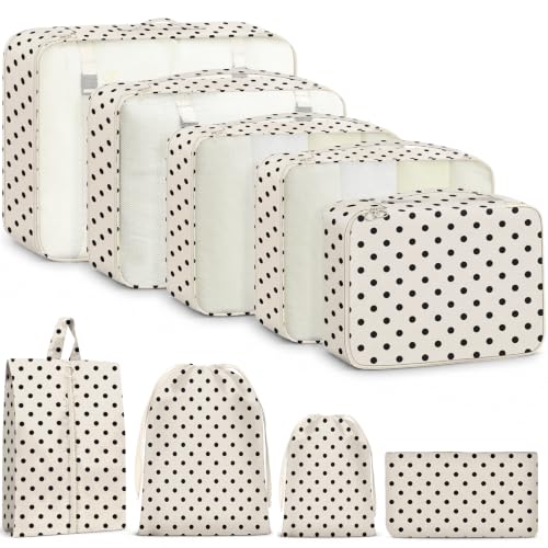 9 Set Packing Cubes for Travel Essentials - Lightweight Carry-On Luggage Organizer Bags with Shoe, Clothes & Laundry Bags for Airplane, Family & Business Travel, Polka dots - color: Polka dots