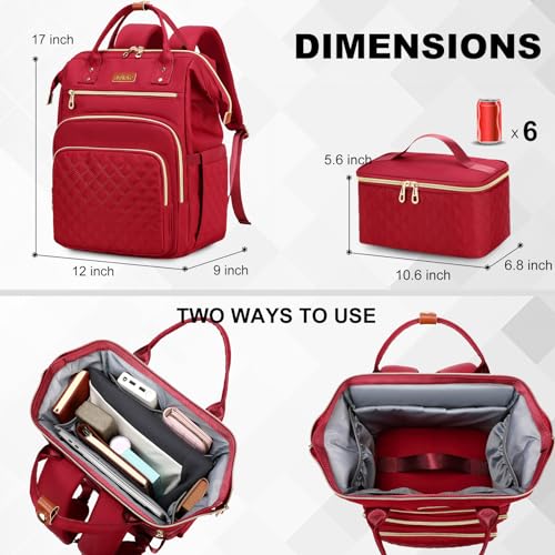 AIJIEKE Lunch Backpack for Women, 15.6 Inch Laptop Backpack with Detachable Insulated Cooler Lunch Box, 2-in-1 Water Resistant Work Computer Bag for Nurse Teacher College Commute, Red - color: Red
