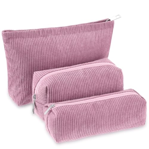 Huhumy 3 Pcs Makeup Bag Set for Women Corduroy Cosmetic Pouch Aesthetic Smile Travel Toiletry Bag Cute Purse Pouch Pencil Case Makeup Brushes Storage Organizer with Zipper(Rose Pink,Solid Style) - color: Rose Pink, style: Solid Style