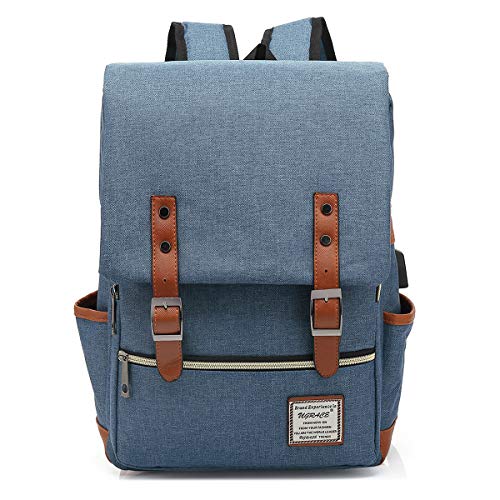 UGRACE Vintage Laptop Backpack with USB Charging Port, Elegant Water Resistant Travelling Backpack Casual Daypacks College Shoulder Bag for Men Women, Fits up to 15.6Inch Laptop in Blue - color: Blue