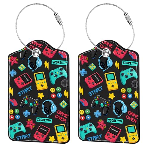 2 Pack Game Luggage Tags for Suitcase, Leather Luggage Tags for Kids, Privacy Cover ID Label with Stainless Steel Loop & Address Card, Game Lover Travel Bag Tag Luggages Accessories for Suitcases - color: Funny-video-game