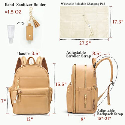 miss fong Leather Diaper Bag Backpack Baby Diaper Bag with 16 Pockets Baby Bag with Hand Sanitizer Holder, Changing Pad, 2 Insulated Pockets(Peanut) - color: Peanut