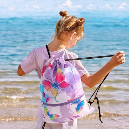 WAWASAM Kids Drawstring Backpack, Gym Swim Bag Cinch Bag for Girls Boys with Zipper Pocket - color: Butterfly