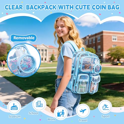 Clear Backpacks for Stadium Events Heavy Duty Clear Bookbag for School Girls Transparent Back Pack, Blue - color: Blue