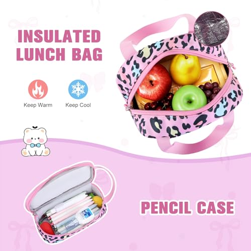 Bevalsa Backpack for Girls 3PCS Teen Girls Pink Backpack for School with Lunch Bag Pencil Case Cute Kids Laptop Backpacks Bookbag for Elementary Middle High School College Student (Leopard) - color: Pink Leopard