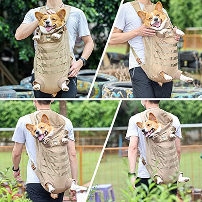 FLAdorepet Dog Carrier Tactical Backpack for Small Medium Dogs,Soft Hands-Free Legs Out Pet Front Cat Dog Carrier Backpack Travel Bag for Outdoor Traveling Hiking Camping (Large, Khaki) - size: Large(Pet 30-45LBS)