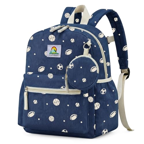 Corduroy Toddler Backpack for Boys 2-5: Sports Balls Kids backpack for Boys - 13.5 inch Preschool Kindergarten Backpacks with Coin Purse - color: Navy Blue-balls