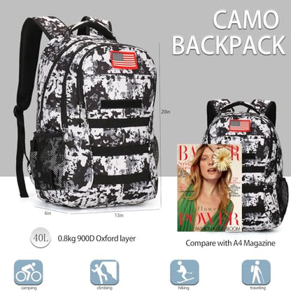 4land Camo Backpack for Boys,Army Boys Backpacks for Elementary Middle School Military,Camouflage Bookbag 40L - color: D-white Camo