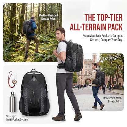 Hiking Backpack, Water Resistant Lightweight Outdoor Daypack with Breathable Padded Back, Multi-Pocket Travel Backpack for Camping Climbing Sports (Black) - color: Black