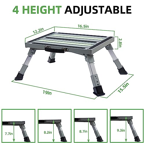 Homeon Wheels Iron RV Steps Adjustable Folding Step Stool with Non-Slip Rubber Feet, Stable Platform, Safety Strips, Handle, Easy Carry, Outdoor Camper Trailer Travel - Gray - color: Gray Luminous