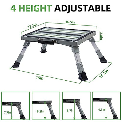 Homeon Wheels Iron RV Steps Adjustable Folding Step Stool with Non-Slip Rubber Feet, Stable Platform, Safety Strips, Handle, Easy Carry, Outdoor Camper Trailer Travel - Gray - color: Gray Luminous