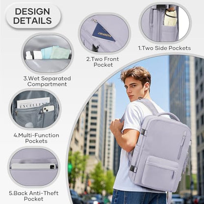 VECAVE Travel Backpack for Women, Airline Flight Approved Carry On Backpacks Waterproof 14 Inch Laptop Backpack with Shoe Compartment Casual Daypack Purple.. - color: H60-purple, size: Small