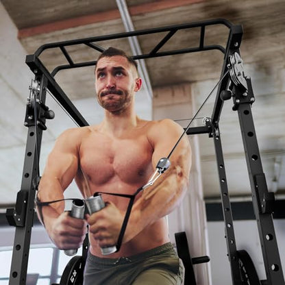 RitFit Multi-Function Garage & Home Gym Package Includes 1200LBS Power Cage PPC03/P3 with Cable Crossover System, Weight Bench, Olympic Barbell Weight Set, Full Body Workout - color: Black, style: Package 1.5K (with FBP 230lbs Plates)