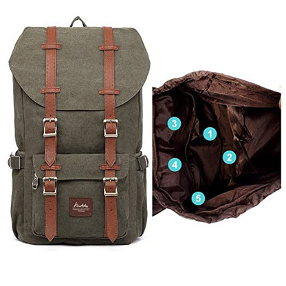 KAUKKO Travel Laptop Backpack Outdoor Rucksack Causal backpack Fits 15.6"(Canvas Green) - color: Canvas Green, size: Large