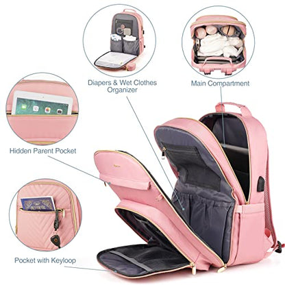 MOMUVO Diaper Bag Backpack, Quilted Baby Bag with Changing Pad & Stroller Straps & Pacifier Case, Large Travel Diaper Bags for Mom Dad, Pink - color: Pink