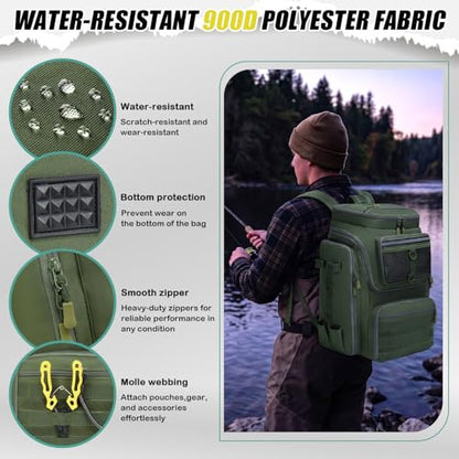HAMBOLY Fishing Backpack 45L with Rod Holders, Water-Resistant Tackle Backpack for Fishermen, Large Capacity Fishing Gear Bag for Travel Hiking Camping - color: Army Green