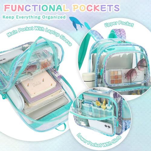 Sisipoet Clear Backpack for Girls, Heavy Duty PVC Transparent Bookbag for School, Funny Kids Backpacks with Mermaid Print, Blue - color: Mermaid