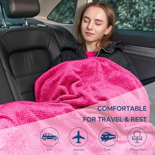 BEDELITE Travel Blanket with Bag, Ultra-Soft Jacquard Fleece Blanket with Luggage Sleeve & Backpack Clip, Airplane Blanket Travel Essentials, Hot Pink - color: Hot Pink