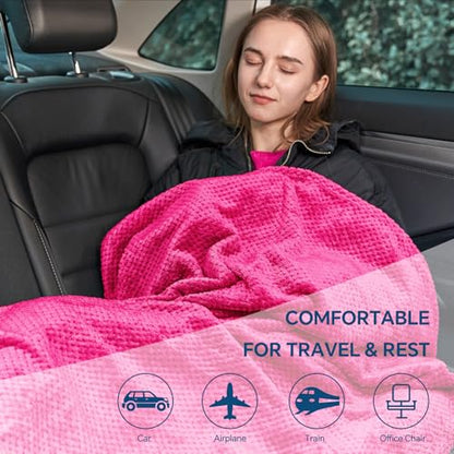 BEDELITE Travel Blanket with Bag, Ultra-Soft Jacquard Fleece Blanket with Luggage Sleeve & Backpack Clip, Airplane Blanket Travel Essentials, Hot Pink - color: Hot Pink