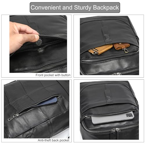 LUUFAN Genuine Leather Backpack for Men, Casual Weekender Backpack Multi Pockets 15.6 Inch Laptop Bag for Travel Business Outdoor, Black - color: 8015h-black