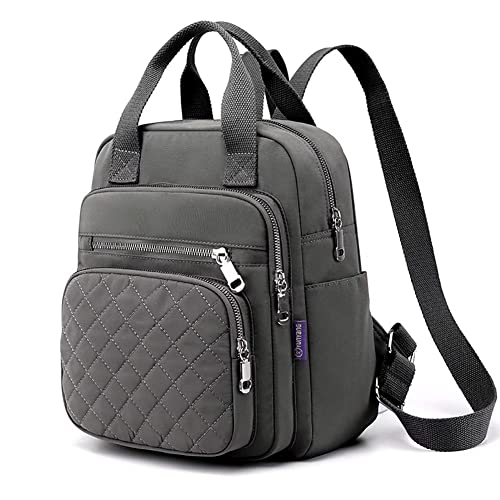 Small Backpack for Women Casual Quilted Square Bag Waterproof Multi Pockets Daypack Lightweight Top Handle Satchel - color: Grey