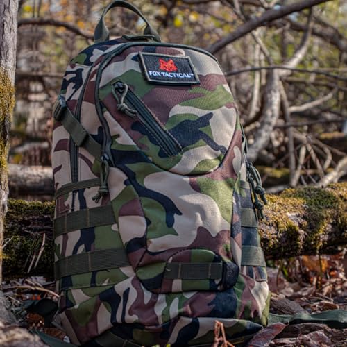 FOX OUTDOOR PRODUCTS Scout MOLLE Day Pack | Compact 20L Tactical Backpack with Hydration Sleeve for EDC, Hiking & Outdoor Use, Woodland Camo - color: Woodland Camo