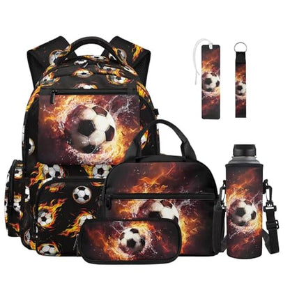 Talayituse Soccer Fire Water Print 6PCS Backpack for Boys, Lightweight School Bookbag with Lunch Box Pencil Case Water Bottle Sleeve, Students Bagpack for Elementary Middle High School - color: Soccer Fire Water