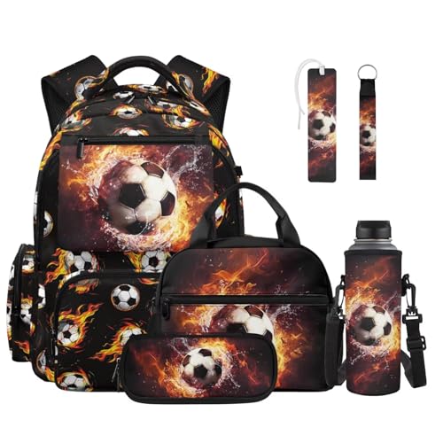 Talayituse Soccer Fire Water Print 6PCS Backpack for Boys, Lightweight School Bookbag with Lunch Box Pencil Case Water Bottle Sleeve, Students Bagpack for Elementary Middle High School - color: Soccer Fire Water