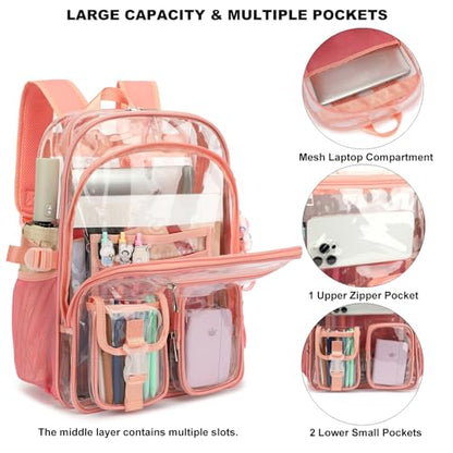 Clear Backpack Heavy Duty Transparent Backpacks Stadium Approved for School Work Sport Travel (Pink) - color: Pink