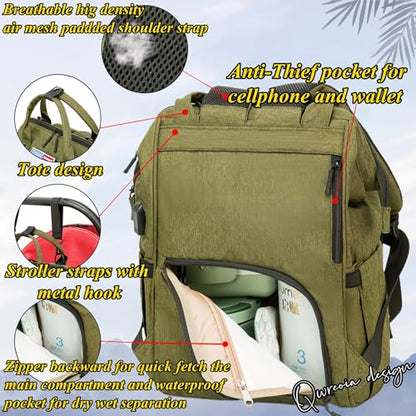 Diaper Bag Backpack for Dad and Mom with USB Charging Port Stroller Straps and Insulated Pocket,army military Travel Nappy Backpack for daddy mommy (Green) - color: Green