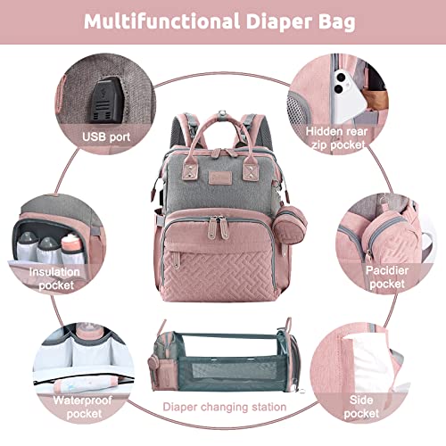 JOLLITO Baby Diaper Bag Backpack with Changing Station, Large Capacity, Stroller Straps and USB Charging Port, Baby Registry Search for Boys & Girls - color: Pink