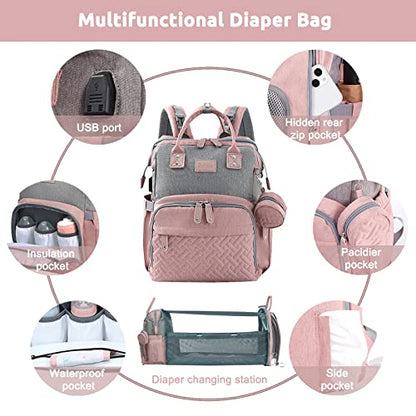 JOLLITO Baby Diaper Bag Backpack with Changing Station, Large Capacity, Stroller Straps and USB Charging Port, Baby Registry Search for Boys & Girls - color: Pink