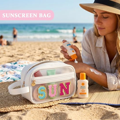 COSHAYSOO Clear SUN Makeup Bag Sunscreen SPF Pouch Beach Pool Lake Spa Travel Cosmetic Toiletry Stuff Organizer for Women Teenage Girls Mothers Day Nurse Appreciation Graduation Preppy Gifts - color: White-SUN