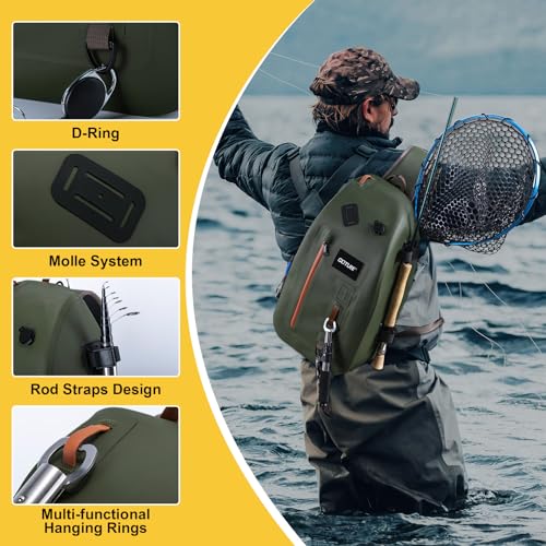 Goture Waterproof Fly Fishing Sling Pack,IPX8 840D TPU Fishing Sling Bag Gear Storage,13L Tackle Backpack with Rod Holder,Airtight Zipper,Exhaust Valve,Adjustable Strap,Wader Bag Included,Gift for Men - color: C1:13L Green Waterproof Bag & Wader Bag