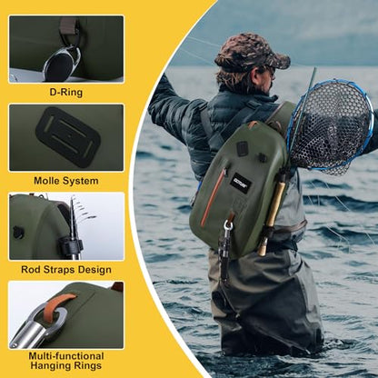 Goture Waterproof Fly Fishing Sling Pack,IPX8 840D TPU Fishing Sling Bag Gear Storage,13L Tackle Backpack with Rod Holder,Airtight Zipper,Exhaust Valve,Adjustable Strap,Wader Bag Included,Gift for Men - color: C1:13L Green Waterproof Bag & Wader Bag