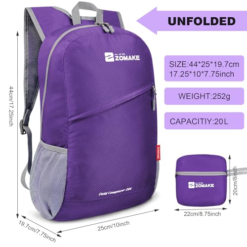 ZOMAKE Lightweight Packable Backpack 20L,Foldable Backpacks Small Daypack for Hiking Water Resistant Day Bag for Travel(Purple) - color: Purple