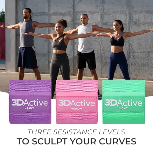 3DActive Fabric Resistance Bands for Legs & Butt. Wide Non-Slip Hip Band Set for Home & Gym Workouts. Exercise Guide & Carry Bag Included. - color: Purple, Pink, Green
