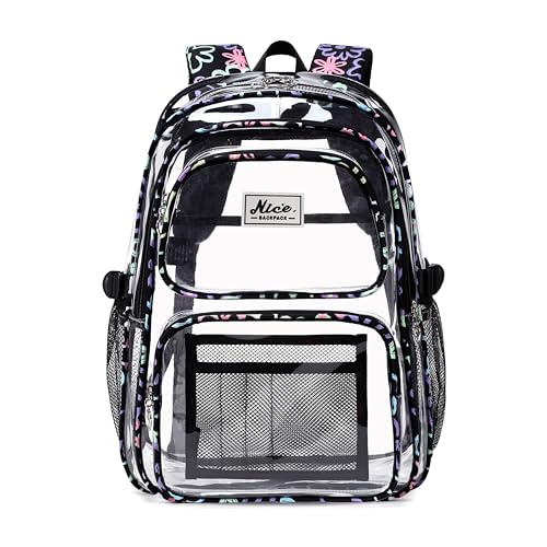 OKKID Heavy Duty Clear Backpack for School Girls Clear Bookbag Transparent Backpack for work See Through Plastic School Bags - color: Black