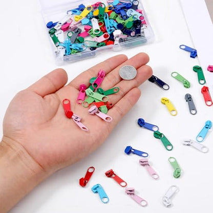 100 PCS Metal Zipper Slider Replacement, #3 Universal Zipper Repair Kit (12 Colors) Replacement Slider Zippers Pull Rescue Kit for Clothing Jackets, Coats, Backpacks