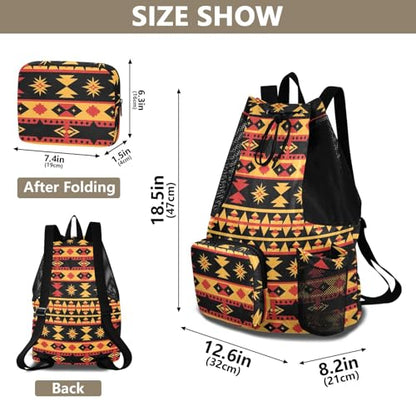 Bolaz Western Art Native Tribal Beach Drawstring Backpack Mesh Swim Bag for Men Women Swimming Gym with Wet Pocket Packable Sports