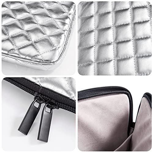 Puffy Laptop Sleeve 11 12 13 13.3 14 15 15.6 inch Case Protective Bag Quilted PU Leather Smooth Zipper Velvet Lined Padded Holder with Pocket - color: Silver Quilted, size: 13-13.3 Inch