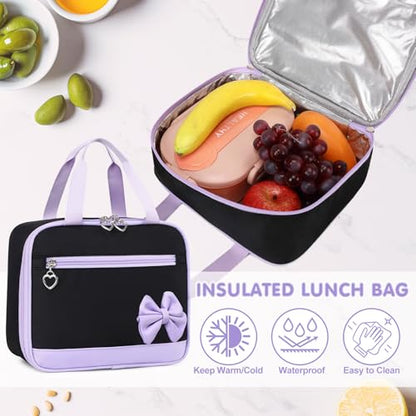 GeeWin Girls Backpack for School with Lunch Box & Pencil Case Set, 17 Inch Waterproof Cute Bow Girls Bookbag for Kids, Teens, Elementary Middle High College School Student (Black/Purple) - color: Black Purple