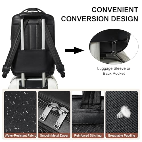 Shrrie Vegan Leather Laptop Backpack for Women&Men,16 Inch Expandable Backpack with USB Charging Port,Two-toned Black - color: Two-toned Black