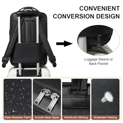 Shrrie Vegan Leather Laptop Backpack for Women&Men,16 Inch Expandable Backpack with USB Charging Port,Two-toned Black - color: Two-toned Black