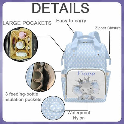 Newcos Personalized Baby Elephant Wearing a Silver Crown New Mom Diaper Bag with Name Nappy Bag Casual Travel Daypack, One Size - color: Design 26