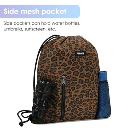 WANDF Drawstring Backpack Sports Gym Sackpack with Mesh Pockets Water Resistant String Bag for Women Men (Brown Leopard) - color: Brown Leopard