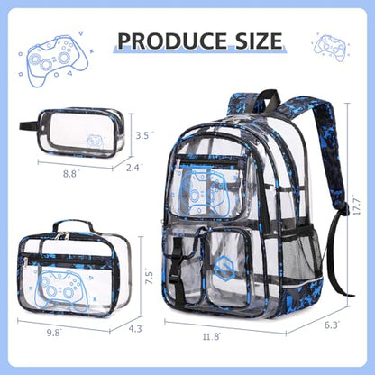 DIGOBAY 3PCS Cool Luminous Clear Backpack for Boys Kids, Gamer Clear Bookbag for School, See Through PVC Transparent Backpacks with Lunch Bag Pencil Case, Backpack Heavy Duty for School Stadium - color: Blue Camo